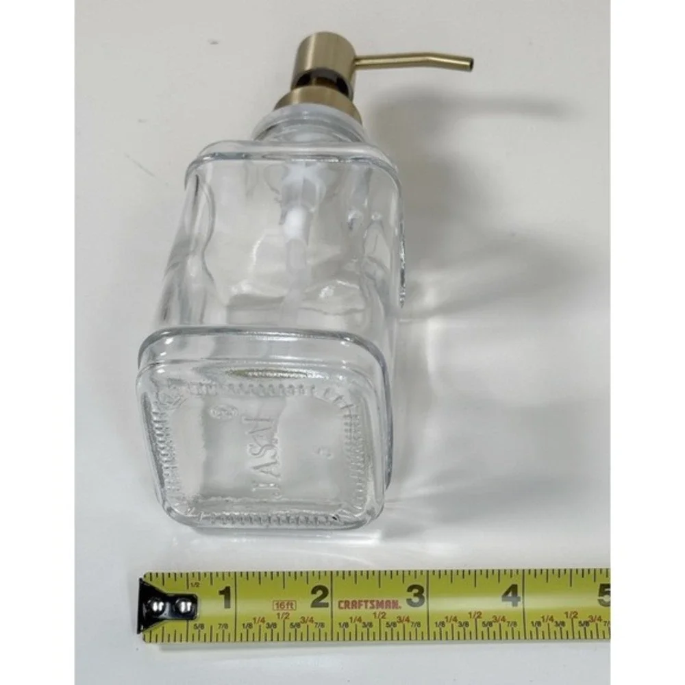 JASAI Antique Square Glass Soap‎ Dispenser 12oz Clear Gold Pump Labels NEW 81-09